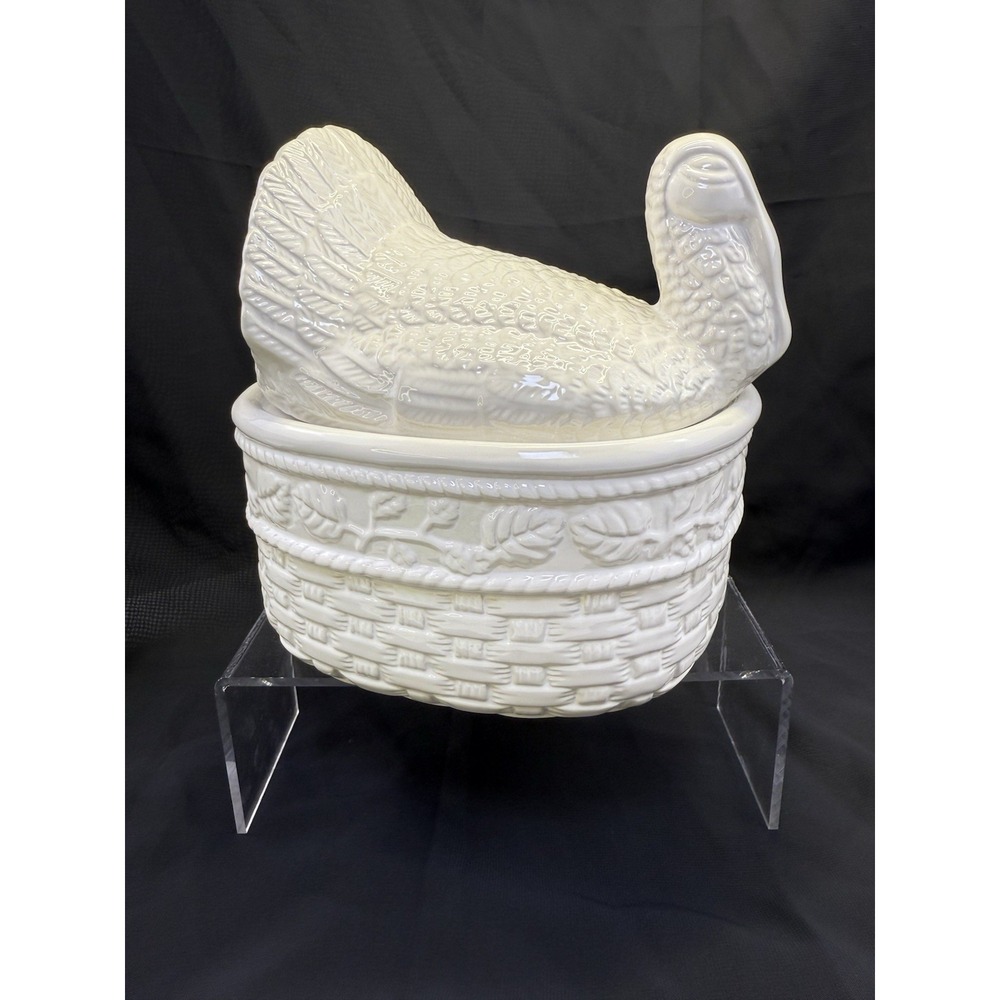 Vtg White Ceramic Turkey Covered Casserole Thanksgiving Serving‎ Dish